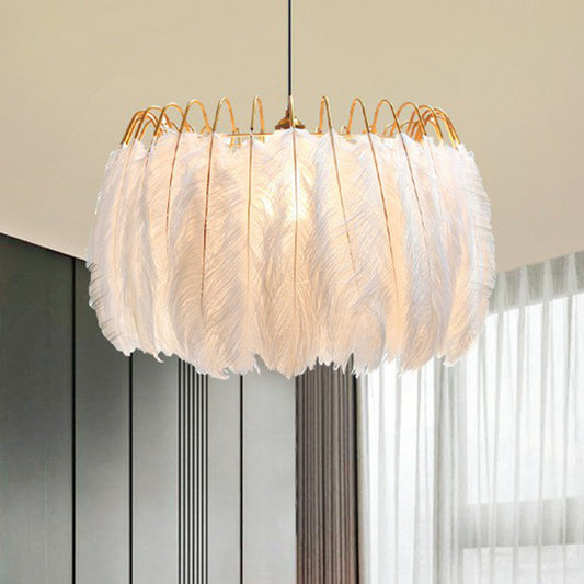 Feather Round Shaped Suspension Lighting Nordic Style Single-Bulb Pendant Ceiling Light in White White A Clearhalo 'Ceiling Lights' 'Modern Pendants' 'Modern' 'Pendant Lights' 'Pendants' Lighting' 2186699