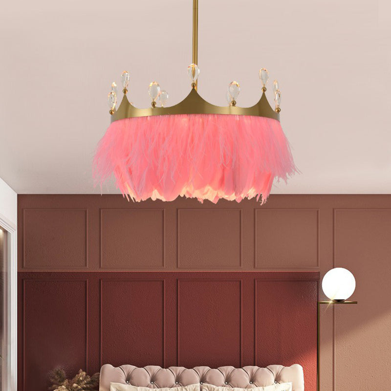 Round Bedroom Suspension Light Feather 1��Bulb Simplicity Pendant Light with Crystal and Crown Decor in Gold Pink Clearhalo 'Ceiling Lights' 'Modern Pendants' 'Modern' 'Pendant Lights' 'Pendants' Lighting' 2186701