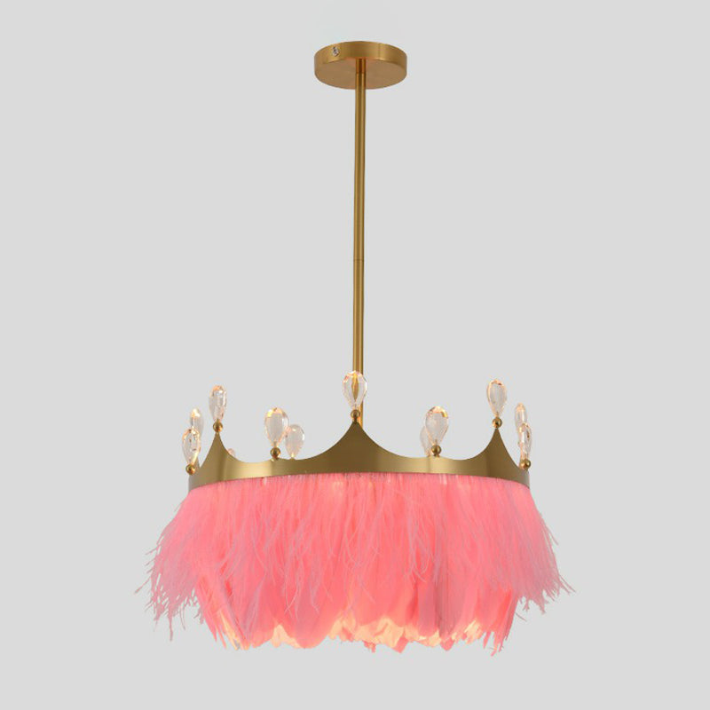 Round Bedroom Suspension Light Feather 1��Bulb Simplicity Pendant Light with Crystal and Crown Decor in Gold Clearhalo 'Ceiling Lights' 'Modern Pendants' 'Modern' 'Pendant Lights' 'Pendants' Lighting' 2186702