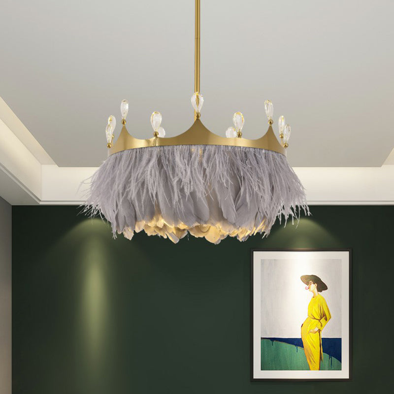 Round Bedroom Suspension Light Feather 1 Bulb Simplicity Pendant Light with Crystal and Crown Decor in Gold Grey Clearhalo 'Ceiling Lights' 'Lighting' 'Pendant Lights' 2186703_c0cf1362-987c-4d12-b8e4-743b02fbaa32