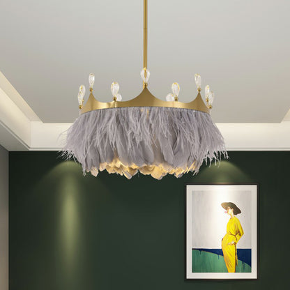 Round Bedroom Suspension Light Feather 1 Bulb Simplicity Pendant Light with Crystal and Crown Decor in Gold Grey Clearhalo 'Ceiling Lights' 'Lighting' 'Pendant Lights' 2186703_c0cf1362-987c-4d12-b8e4-743b02fbaa32