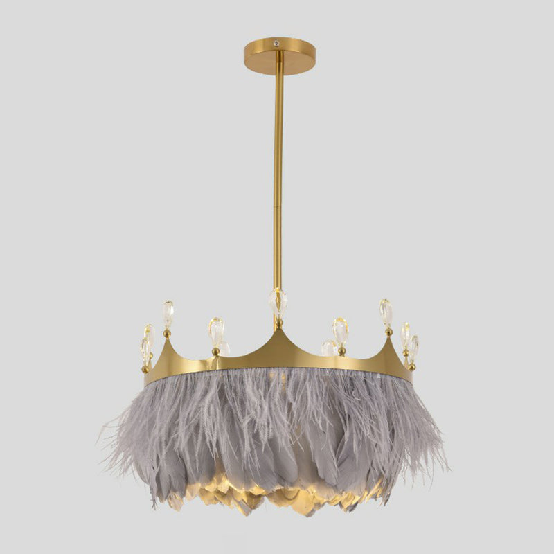 Round Bedroom Suspension Light Feather 1��Bulb Simplicity Pendant Light with Crystal and Crown Decor in Gold Clearhalo 'Ceiling Lights' 'Modern Pendants' 'Modern' 'Pendant Lights' 'Pendants' Lighting' 2186704