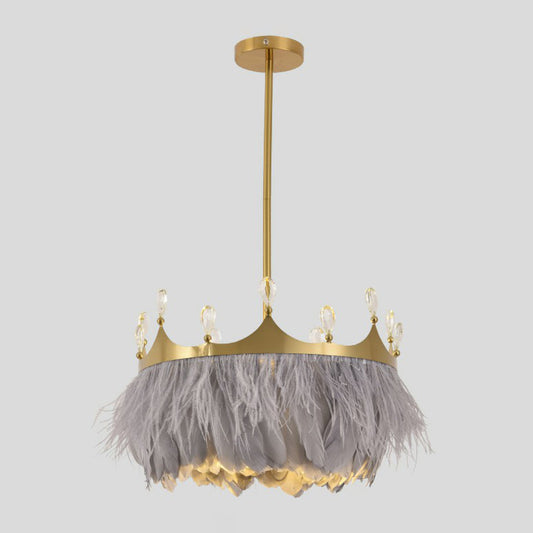 Round Bedroom Suspension Light Feather 1 Bulb Simplicity Pendant Light with Crystal and Crown Decor in Gold Clearhalo 'Ceiling Lights' 'Lighting' 'Pendant Lights' 2186704_4bba4030-a4de-4658-90bc-e0ab11cffecd