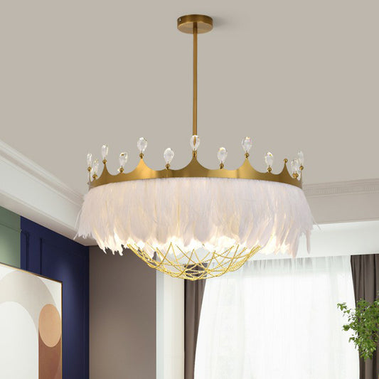 Artistic Crown Shaped Ceiling Light Feather 1��Head Girls Bedroom Hanging Lamp with Chain Net and Crystal Gold Clearhalo 'Ceiling Lights' 'Modern Pendants' 'Modern' 'Pendant Lights' 'Pendants' Lighting' 2186706
