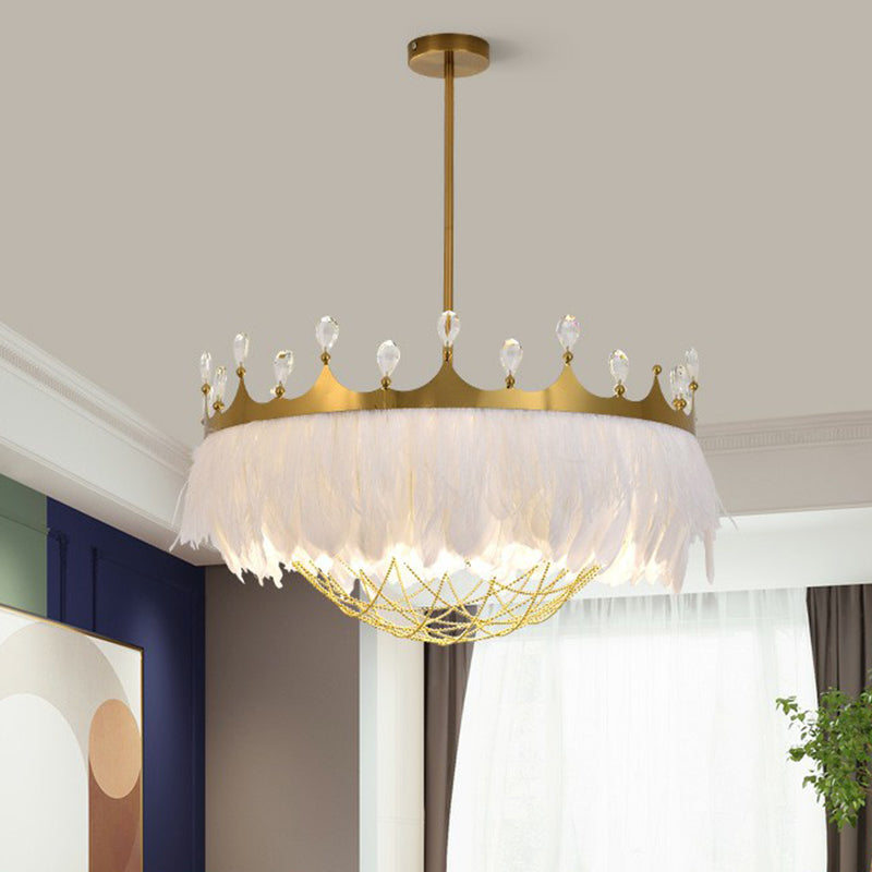 Artistic Crown Shaped Ceiling Light Feather 1 Head Girls Bedroom Hanging Lamp with Chain Net and Crystal Gold Clearhalo 'Ceiling Lights' 'Lighting' 'Pendant Lights' 2186706_a6c21dc1-5ab1-4cfc-84f3-acb9dac5d370