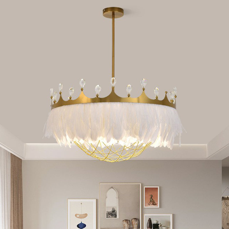 Artistic Crown Shaped Ceiling Light Feather 1��Head Girls Bedroom Hanging Lamp with Chain Net and Crystal Clearhalo 'Ceiling Lights' 'Modern Pendants' 'Modern' 'Pendant Lights' 'Pendants' Lighting' 2186707