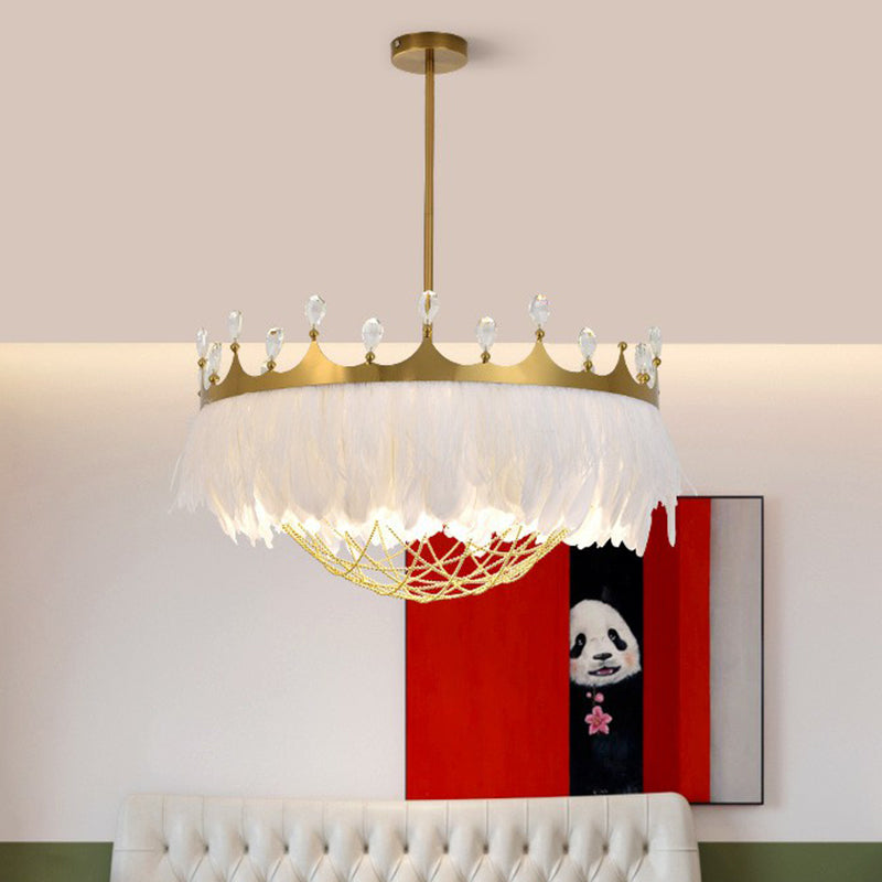 Artistic Crown Shaped Ceiling Light Feather 1��Head Girls Bedroom Hanging Lamp with Chain Net and Crystal Clearhalo 'Ceiling Lights' 'Modern Pendants' 'Modern' 'Pendant Lights' 'Pendants' Lighting' 2186708