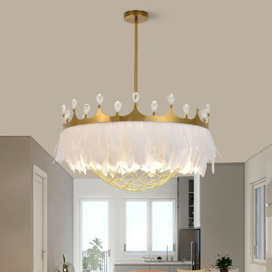 Artistic Crown Shaped Ceiling Light Feather 1��Head Girls Bedroom Hanging Lamp with Chain Net and Crystal Clearhalo 'Ceiling Lights' 'Modern Pendants' 'Modern' 'Pendant Lights' 'Pendants' Lighting' 2186709