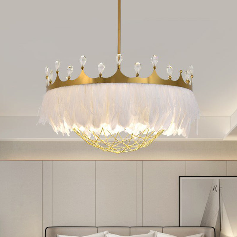 Artistic Crown Shaped Ceiling Light Feather 1��Head Girls Bedroom Hanging Lamp with Chain Net and Crystal Clearhalo 'Ceiling Lights' 'Modern Pendants' 'Modern' 'Pendant Lights' 'Pendants' Lighting' 2186710