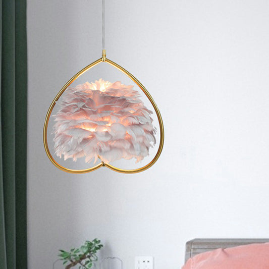 Metallic Heart Suspension Lighting Contemporary Single Gold Pendant Ceiling Light with Decorative Feather Gold Gray A Clearhalo 'Ceiling Lights' 'Modern Pendants' 'Modern' 'Pendant Lights' 'Pendants' Lighting' 2186711