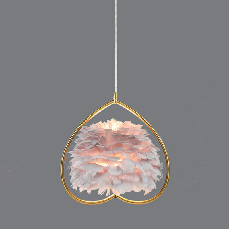 Metallic Heart Suspension Lighting Contemporary Single Gold Pendant Ceiling Light with Decorative Feather Clearhalo 'Ceiling Lights' 'Modern Pendants' 'Modern' 'Pendant Lights' 'Pendants' Lighting' 2186713