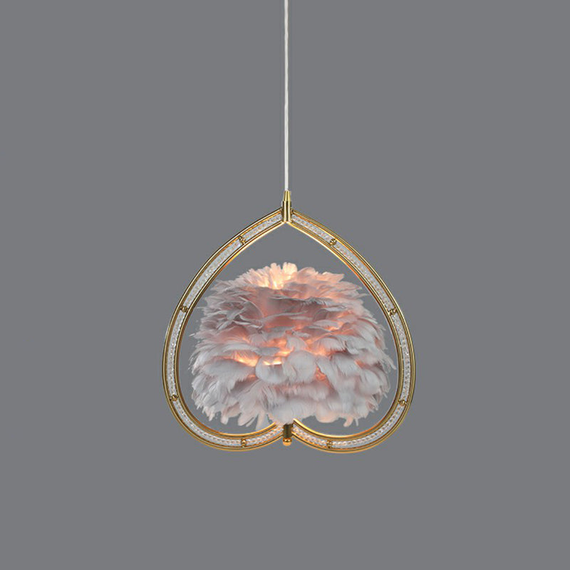 Metallic Heart Suspension Lighting Contemporary Single Gold Pendant Ceiling Light with Decorative Feather Gold Gray B Clearhalo 'Ceiling Lights' 'Modern Pendants' 'Modern' 'Pendant Lights' 'Pendants' Lighting' 2186714