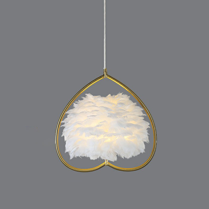 Metallic Heart Suspension Lighting Contemporary Single Gold Pendant Ceiling Light with Decorative Feather Gold White A Clearhalo 'Ceiling Lights' 'Modern Pendants' 'Modern' 'Pendant Lights' 'Pendants' Lighting' 2186715