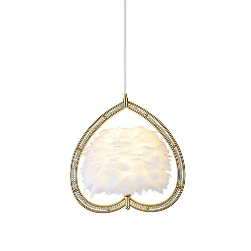 Metallic Heart Suspension Lighting Contemporary Single Gold Pendant Ceiling Light with Decorative Feather Clearhalo 'Ceiling Lights' 'Modern Pendants' 'Modern' 'Pendant Lights' 'Pendants' Lighting' 2186718