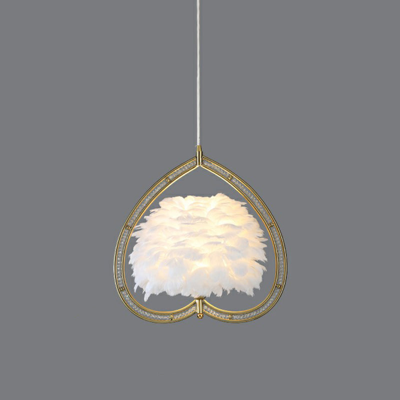 Metallic Heart Suspension Lighting Contemporary Single Gold Pendant Ceiling Light with Decorative Feather Clearhalo 'Ceiling Lights' 'Modern Pendants' 'Modern' 'Pendant Lights' 'Pendants' Lighting' 2186719