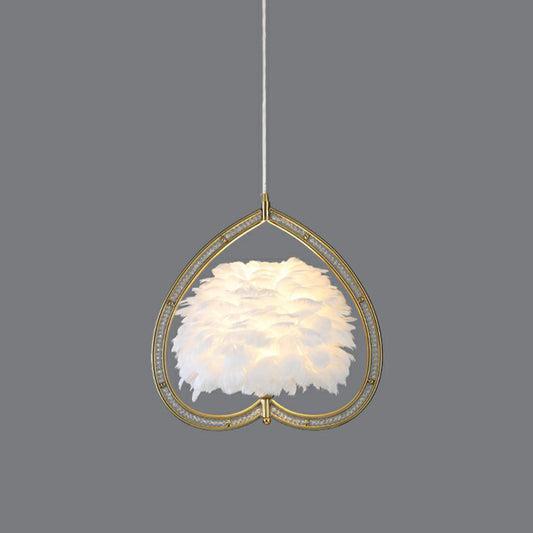 Metallic Heart Suspension Lighting Contemporary Single Gold Pendant Ceiling Light with Decorative Feather Clearhalo 'Ceiling Lights' 'Modern Pendants' 'Modern' 'Pendant Lights' 'Pendants' Lighting' 2186719