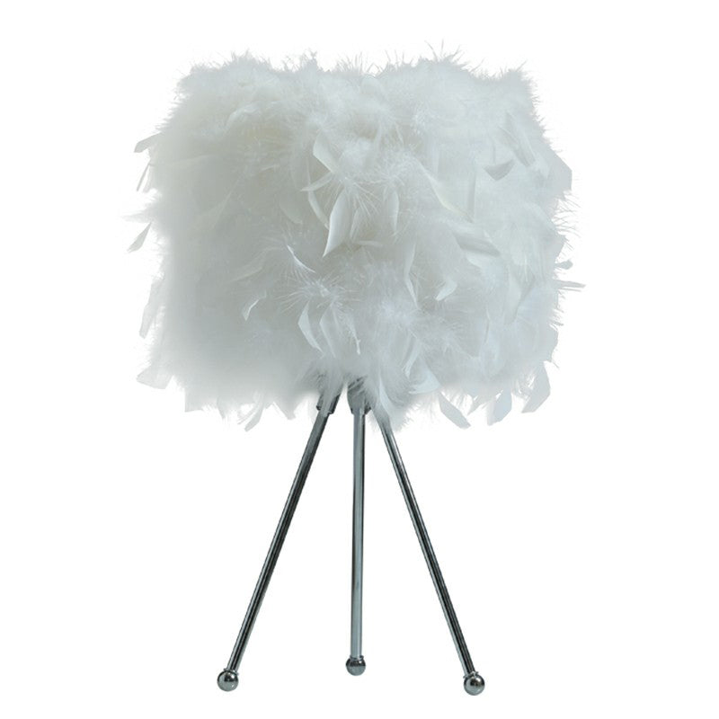 Modern Drum Table Light Feather 1-Light Living Room Nightstand Lighting with Metallic Tripod in White Clearhalo 'Lamps' 'Table Lamps' Lighting' 2186745