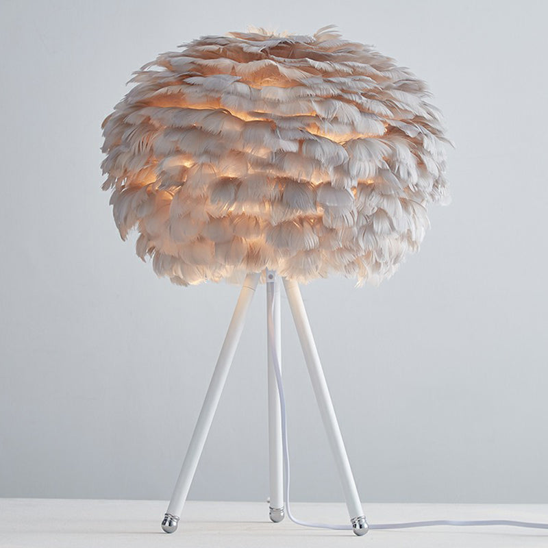 Feather Sphere Table Lighting Nordic 1 Head Nightstand Lamp with Metallic Tripod for Living Room White Gray Clearhalo 'Lamps' 'Table Lamps' Lighting' 2186746