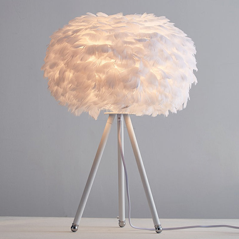 Feather Sphere Table Lighting Nordic 1 Head Nightstand Lamp with Metallic Tripod for Living Room White White Clearhalo 'Lamps' 'Table Lamps' Lighting' 2186748