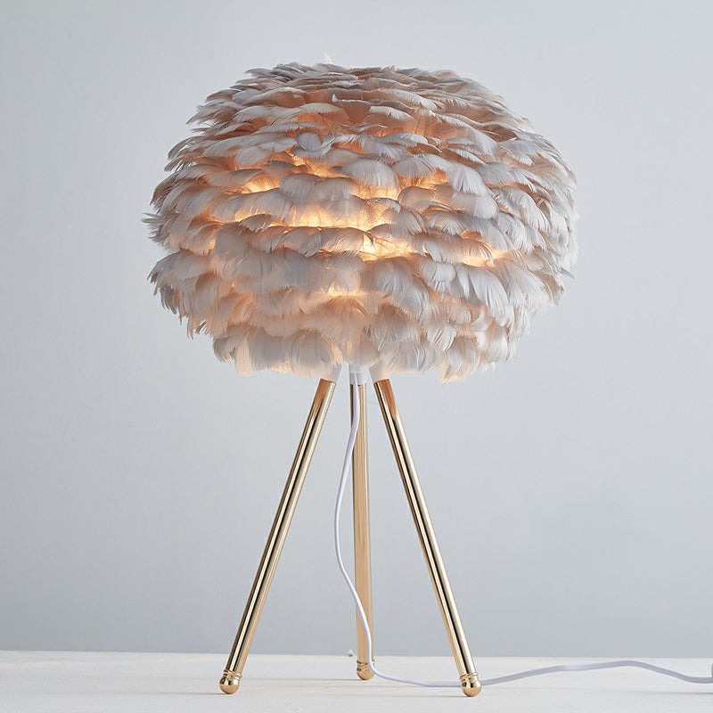 Feather Sphere Table Lighting Nordic 1 Head Nightstand Lamp with Metallic Tripod for Living Room Gold Gray Clearhalo 'Lamps' 'Table Lamps' Lighting' 2186749