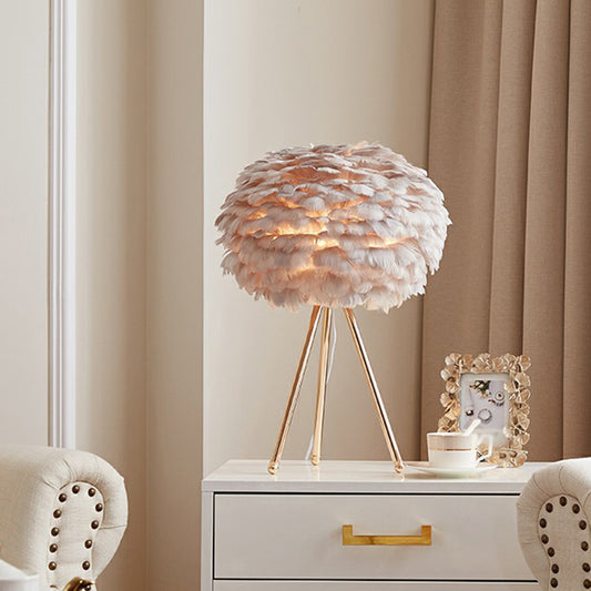 Feather Sphere Table Lighting Nordic 1 Head Nightstand Lamp with Metallic Tripod for Living Room Clearhalo 'Lamps' 'Table Lamps' Lighting' 2186750