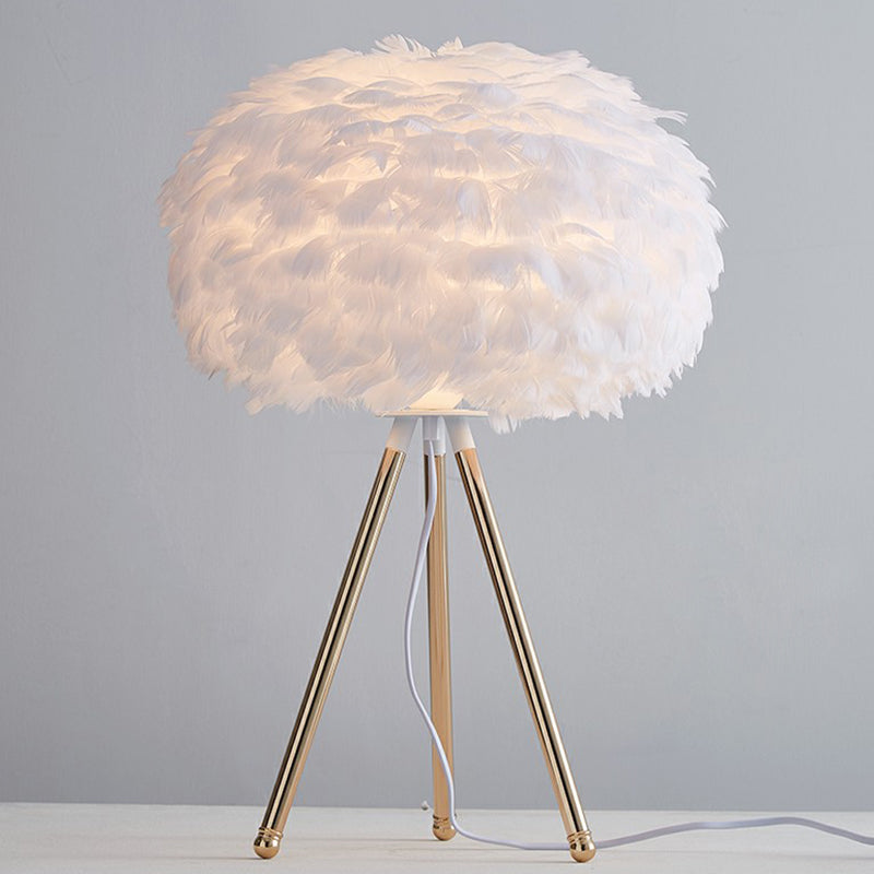 Feather Sphere Table Lighting Nordic 1 Head Nightstand Lamp with Metallic Tripod for Living Room Gold White Clearhalo 'Lamps' 'Table Lamps' Lighting' 2186754