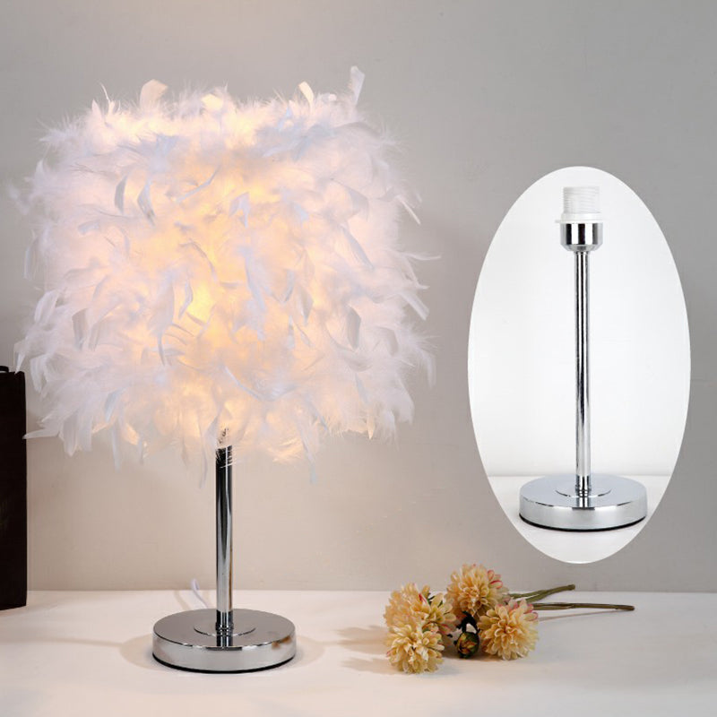 Cylinder Feather Nightstand Lamp Artistic Single Nickel Table Lighting for Bedroom Nickel A Clearhalo 'Lamps' 'Table Lamps' Lighting' 2186755