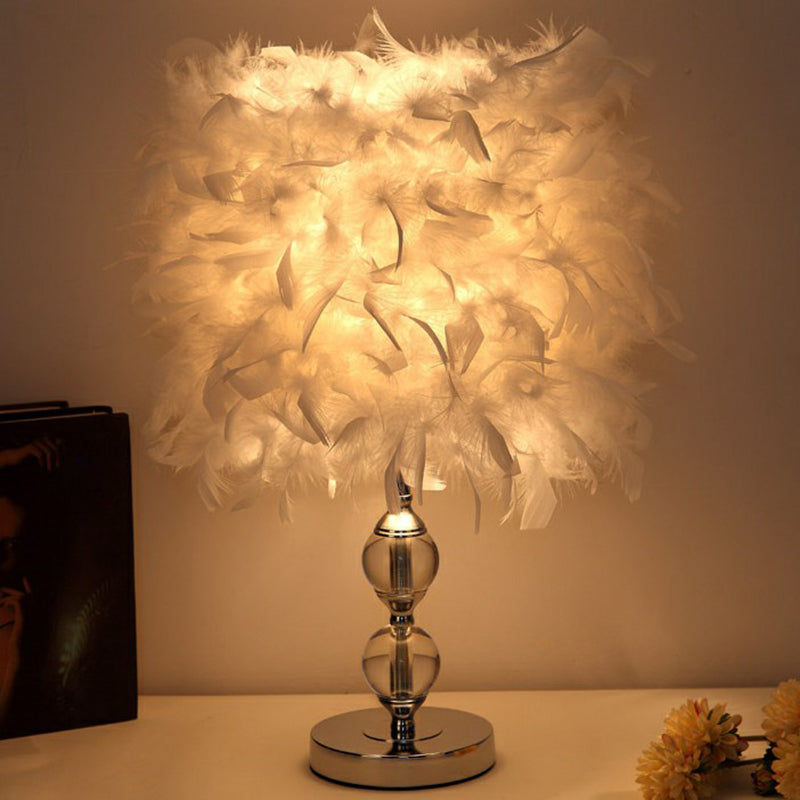 Cylinder Feather Nightstand Lamp Artistic Single Nickel Table Lighting for Bedroom Clearhalo 'Lamps' 'Table Lamps' Lighting' 2186759