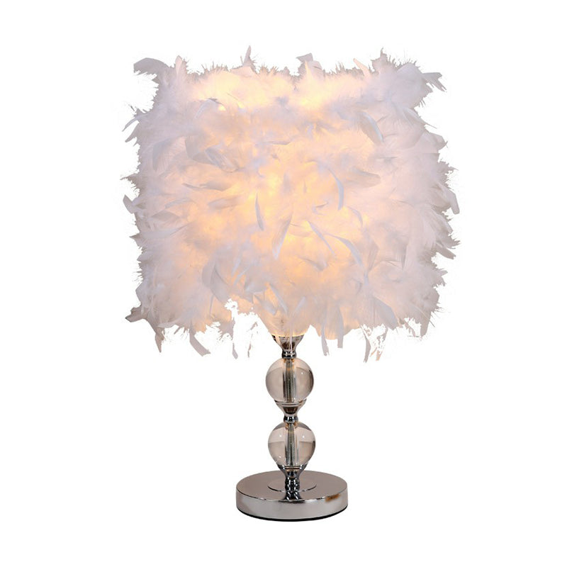 Cylinder Feather Nightstand Lamp Artistic Single Nickel Table Lighting for Bedroom Clearhalo 'Lamps' 'Table Lamps' Lighting' 2186760