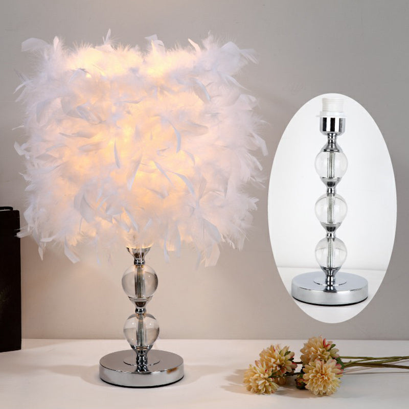 Cylinder Feather Nightstand Lamp Artistic Single Nickel Table Lighting for Bedroom Nickel D Clearhalo 'Lamps' 'Table Lamps' Lighting' 2186762