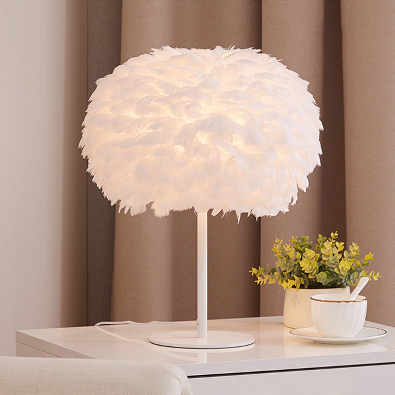 Round Shade Table Lighting Minimalistic Feather 1 Bulb Living Room Nightstand Lamp White A Clearhalo 'Lamps' 'Table Lamps' Lighting' 2186787
