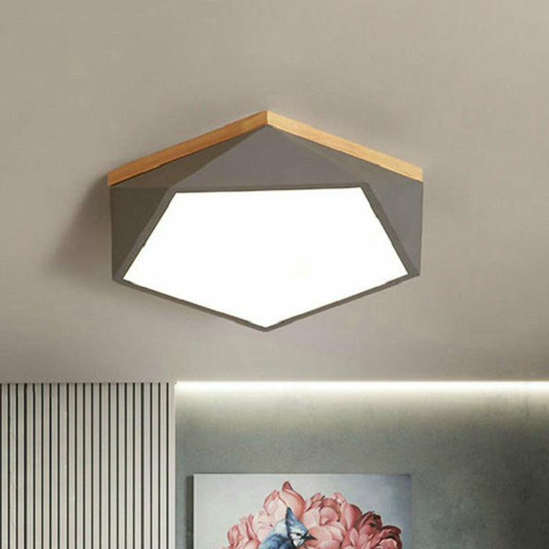Faceted Pentagon Bedroom Flush Light Metallic Macaron LED Flush Ceiling Light Fixture with Wooden Canopy Grey Clearhalo 'Ceiling Lights' 'Close To Ceiling Lights' 'Close to ceiling' 'Flush mount' Lighting' 2186901