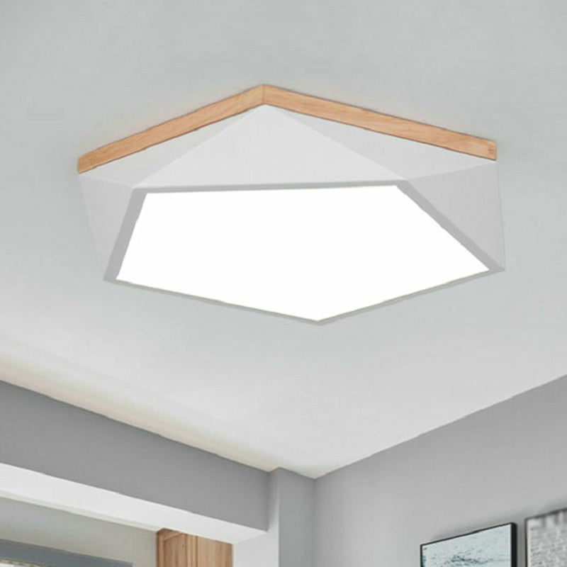 Faceted Pentagon Bedroom Flush Light Metallic Macaron LED Flush Ceiling Light Fixture with Wooden Canopy White Clearhalo 'Ceiling Lights' 'Close To Ceiling Lights' 'Close to ceiling' 'Flush mount' Lighting' 2186902
