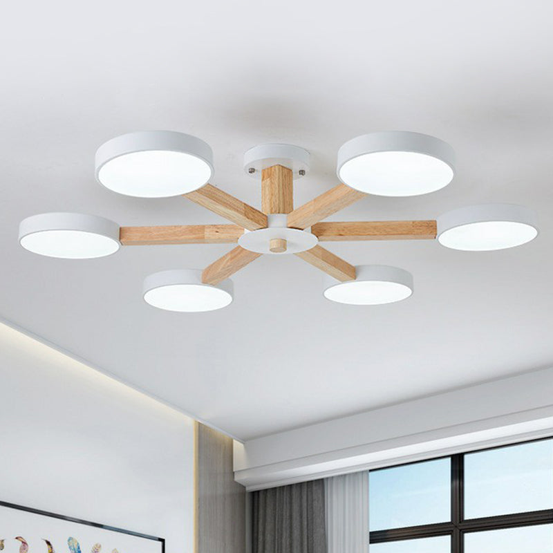 Radial Living Room Semi Flush Light Wooden 8 Heads Macaron Ceiling Flush Mount with Round Acrylic Shade White Clearhalo 'Ceiling Lights' 'Close To Ceiling Lights' 'Close to ceiling' 'Semi-flushmount' Lighting' 2187068