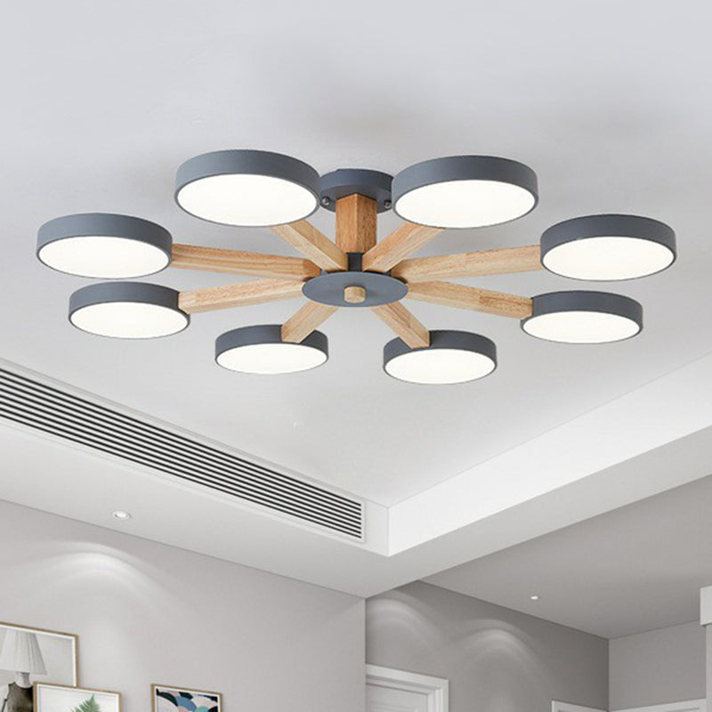 Radial Living Room Semi Flush Light Wooden 8 Heads Macaron Ceiling Flush Mount with Round Acrylic Shade Grey Clearhalo 'Ceiling Lights' 'Close To Ceiling Lights' 'Close to ceiling' 'Semi-flushmount' Lighting' 2187069