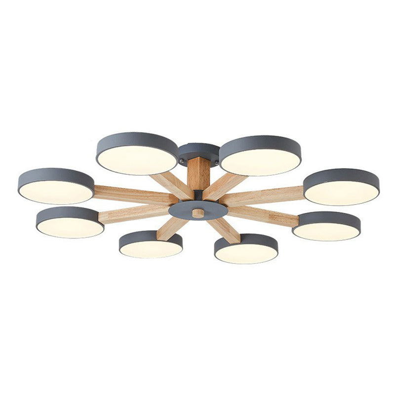 Radial Living Room Semi Flush Light Wooden 8 Heads Macaron Ceiling Flush Mount with Round Acrylic Shade Clearhalo 'Ceiling Lights' 'Close To Ceiling Lights' 'Close to ceiling' 'Semi-flushmount' Lighting' 2187070