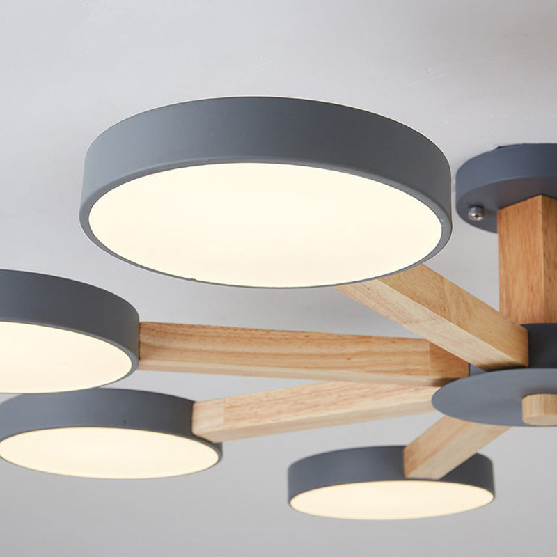 Radial Living Room Semi Flush Light Wooden 8 Heads Macaron Ceiling Flush Mount with Round Acrylic Shade Clearhalo 'Ceiling Lights' 'Close To Ceiling Lights' 'Close to ceiling' 'Semi-flushmount' Lighting' 2187071