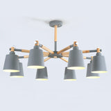 Radial Chandelier Lighting Simplistic Wooden 6 Heads Dining Room Pendant Light with Tapered Metallic Shade Clearhalo 'Ceiling Lights' 'Chandeliers' Lighting' options 2187091