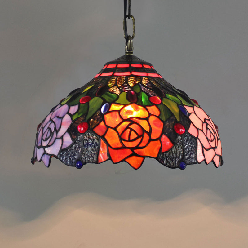 Tiffany-Style Dome Ceiling Light 1-Light Stained Glass Hanging Pendant Light for Restaurant Black Small Clearhalo 'Ceiling Lights' 'Close To Ceiling Lights' 'Industrial' 'Middle Century Pendants' 'Pendant Lights' 'Pendants' 'Tiffany close to ceiling' 'Tiffany Pendants' 'Tiffany' Lighting' 2187094
