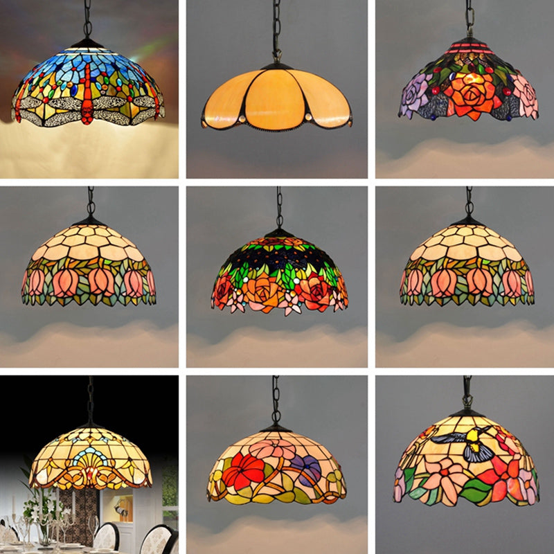 Tiffany-Style Dome Ceiling Light 1-Light Stained Glass Hanging Pendant Light for Restaurant Clearhalo 'Ceiling Lights' 'Close To Ceiling Lights' 'Industrial' 'Middle Century Pendants' 'Pendant Lights' 'Pendants' 'Tiffany close to ceiling' 'Tiffany Pendants' 'Tiffany' Lighting' 2187095