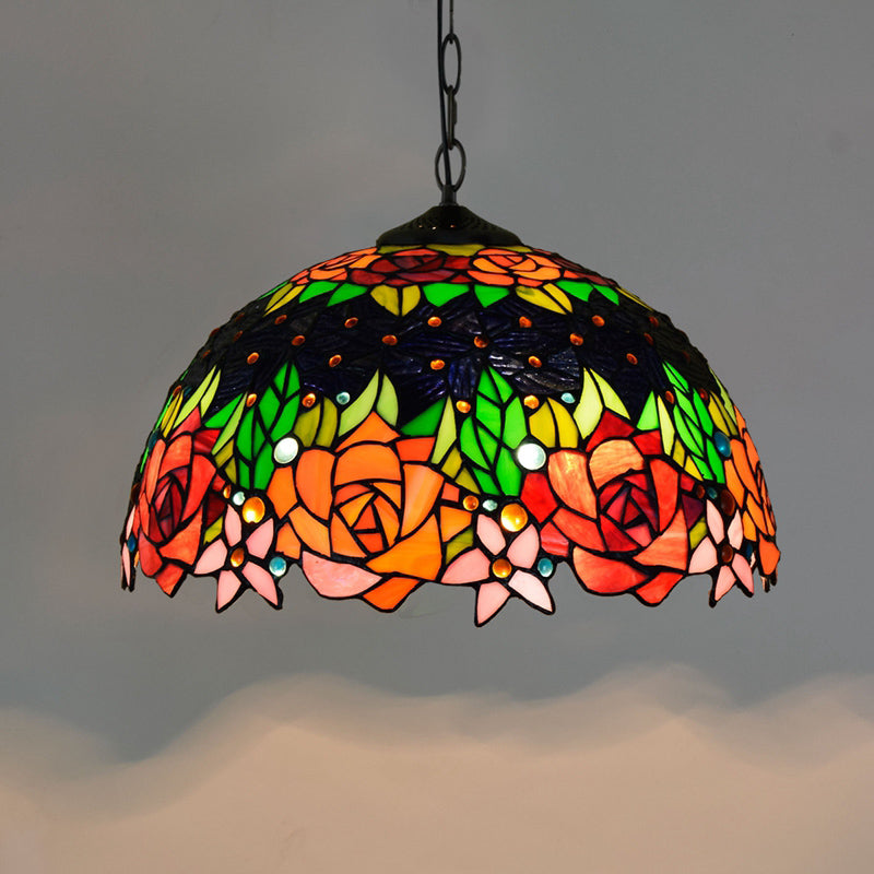 Tiffany-Style Dome Ceiling Light 1-Light Stained Glass Hanging Pendant Light for Restaurant Black Large Clearhalo 'Ceiling Lights' 'Close To Ceiling Lights' 'Industrial' 'Middle Century Pendants' 'Pendant Lights' 'Pendants' 'Tiffany close to ceiling' 'Tiffany Pendants' 'Tiffany' Lighting' 2187096