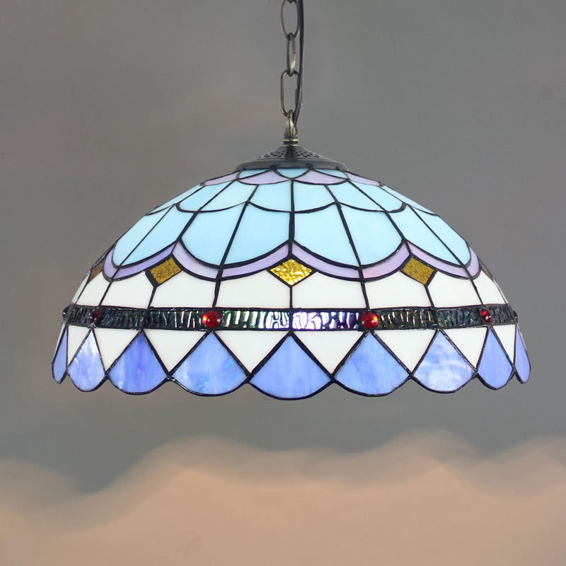 Tiffany-Style Dome Ceiling Light 1-Light Stained Glass Hanging Pendant Light for Restaurant Blue Large Clearhalo 'Ceiling Lights' 'Close To Ceiling Lights' 'Industrial' 'Middle Century Pendants' 'Pendant Lights' 'Pendants' 'Tiffany close to ceiling' 'Tiffany Pendants' 'Tiffany' Lighting' 2187103
