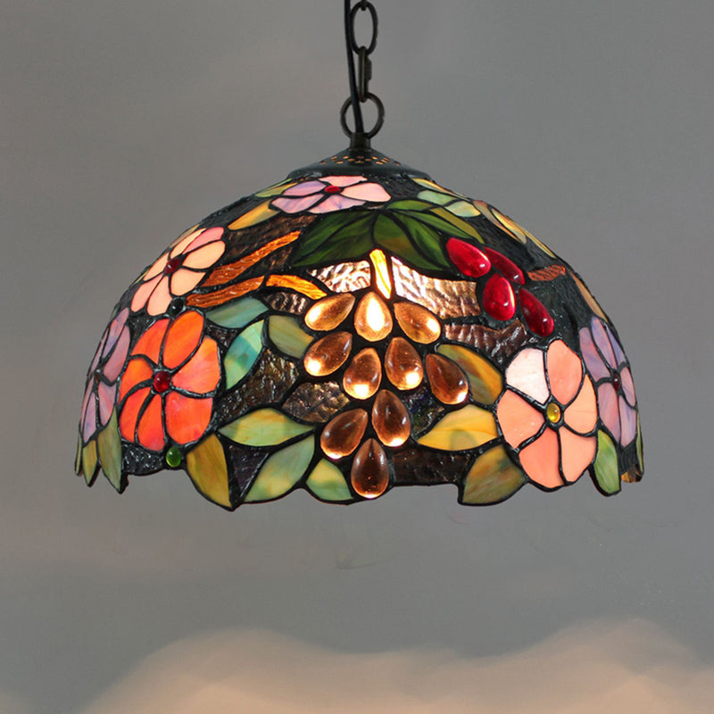 Tiffany-Style Dome Ceiling Light 1-Light Stained Glass Hanging Pendant Light for Restaurant Green Small Clearhalo 'Ceiling Lights' 'Close To Ceiling Lights' 'Industrial' 'Middle Century Pendants' 'Pendant Lights' 'Pendants' 'Tiffany close to ceiling' 'Tiffany Pendants' 'Tiffany' Lighting' 2187104
