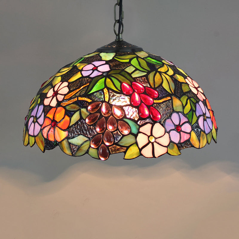 Tiffany-Style Dome Ceiling Light 1-Light Stained Glass Hanging Pendant Light for Restaurant Green Large Clearhalo 'Ceiling Lights' 'Close To Ceiling Lights' 'Industrial' 'Middle Century Pendants' 'Pendant Lights' 'Pendants' 'Tiffany close to ceiling' 'Tiffany Pendants' 'Tiffany' Lighting' 2187105