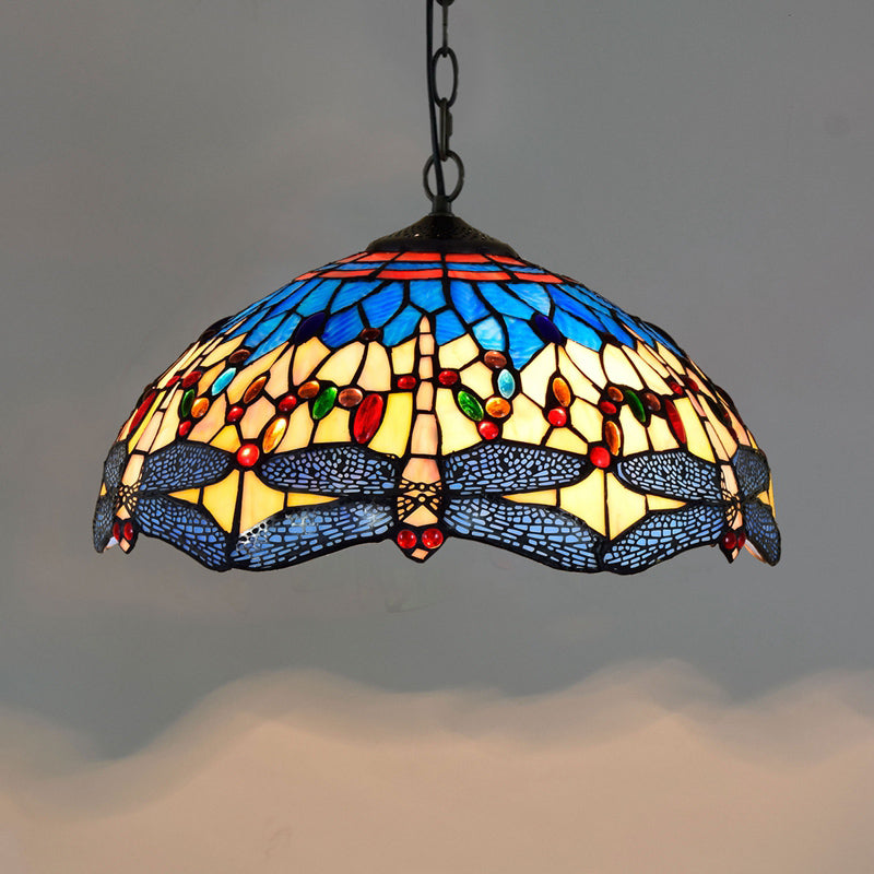 Tiffany-Style Dome Ceiling Light 1-Light Stained Glass Hanging Pendant Light for Restaurant Dark Blue Small Clearhalo 'Ceiling Lights' 'Close To Ceiling Lights' 'Industrial' 'Middle Century Pendants' 'Pendant Lights' 'Pendants' 'Tiffany close to ceiling' 'Tiffany Pendants' 'Tiffany' Lighting' 2187110