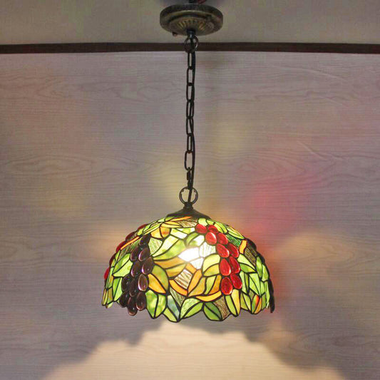 1��Head Suspension Light Decorative Dome Shade Grape Stained Glass Pendant Light Fixture Olive Green Clearhalo 'Ceiling Lights' 'Chandeliers' 'Industrial' 'Middle Century Pendants' 'Pendant Lights' 'Pendants' 'Tiffany close to ceiling' 'Tiffany' Lighting' 2187117