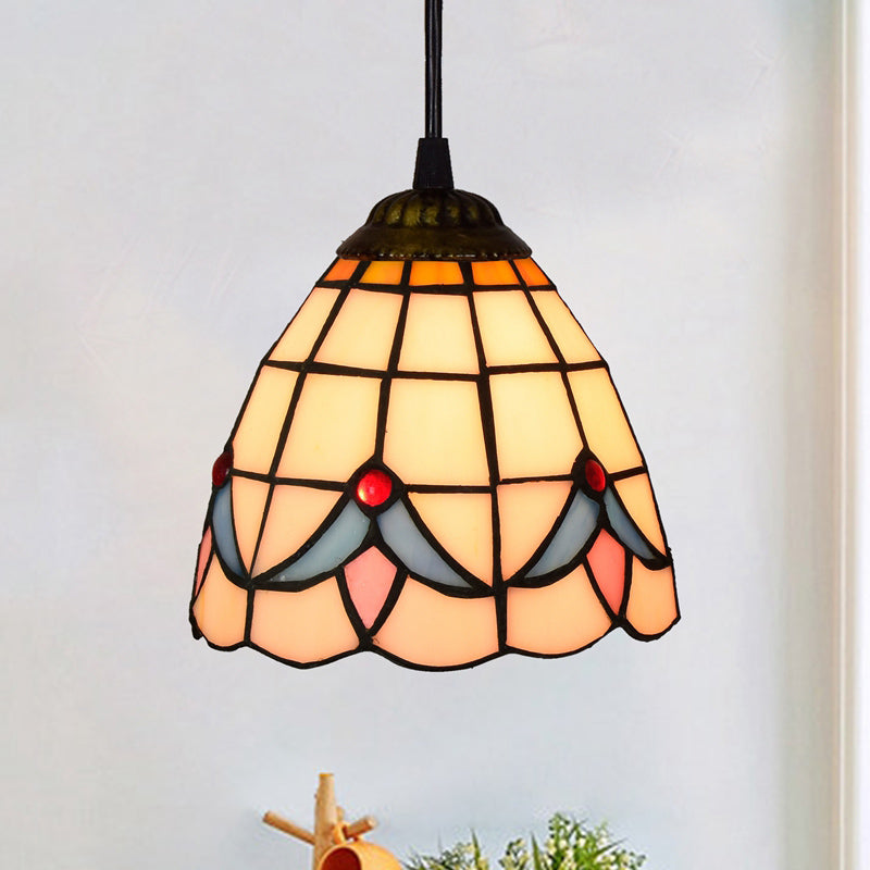 Shaded Pendant Light 1 Bulb Stained Art Glass Tiffany Suspension Light Fixture for Corridor White Clearhalo 'Ceiling Lights' 'Industrial' 'Middle Century Pendants' 'Pendant Lights' 'Pendants' 'Tiffany close to ceiling' 'Tiffany Pendants' 'Tiffany' Lighting' 2187119