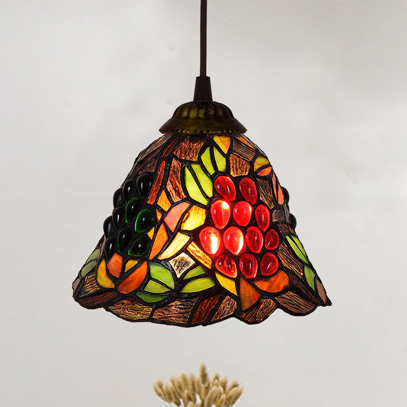 Shaded Pendant Light 1 Bulb Stained Art Glass Tiffany Suspension Light Fixture for Corridor Burgundy Clearhalo 'Ceiling Lights' 'Industrial' 'Middle Century Pendants' 'Pendant Lights' 'Pendants' 'Tiffany close to ceiling' 'Tiffany Pendants' 'Tiffany' Lighting' 2187122