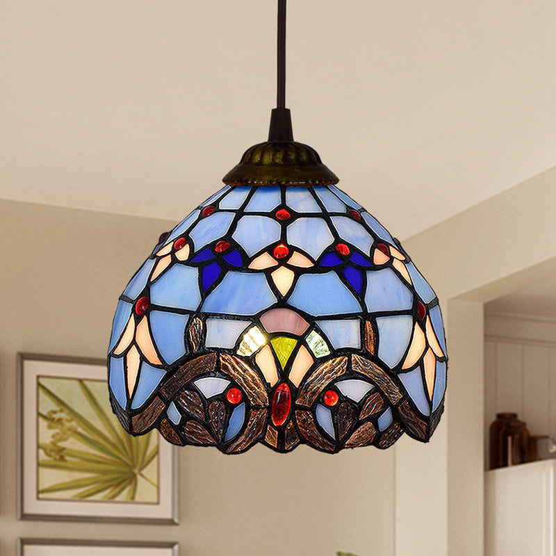 Shaded Pendant Light 1 Bulb Stained Art Glass Tiffany Suspension Light Fixture for Corridor Royal Blue Clearhalo 'Ceiling Lights' 'Industrial' 'Middle Century Pendants' 'Pendant Lights' 'Pendants' 'Tiffany close to ceiling' 'Tiffany Pendants' 'Tiffany' Lighting' 2187123