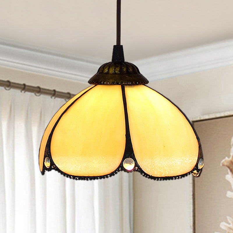 Shaded Pendant Light 1 Bulb Stained Art Glass Tiffany Suspension Light Fixture for Corridor Yellow Clearhalo 'Ceiling Lights' 'Industrial' 'Middle Century Pendants' 'Pendant Lights' 'Pendants' 'Tiffany close to ceiling' 'Tiffany Pendants' 'Tiffany' Lighting' 2187124